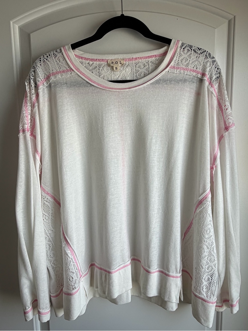 POL White & Pink Crochet Lace Inset Long Sleeve Top Size Small